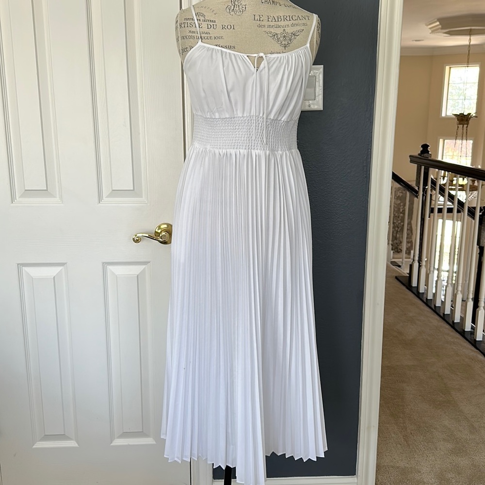 J.Crew Smocked Waist Pleated Dress White Size small A- Line Spaghetti Straps